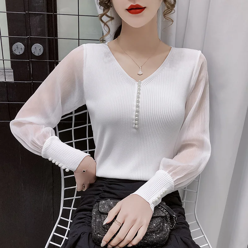 #6665 Autumn 2021 Black White Chiffon Sleeve Spliced Knitted Sweater Women V Neck Pearls Sexy Pullover Women Slim Korean Fashion 
#6665 Autumn 2021 Black White Chiffon Sleeve Spliced Knitted Sweater Women V Neck Pearls Sexy Pullover Women Slim Korean Fashion