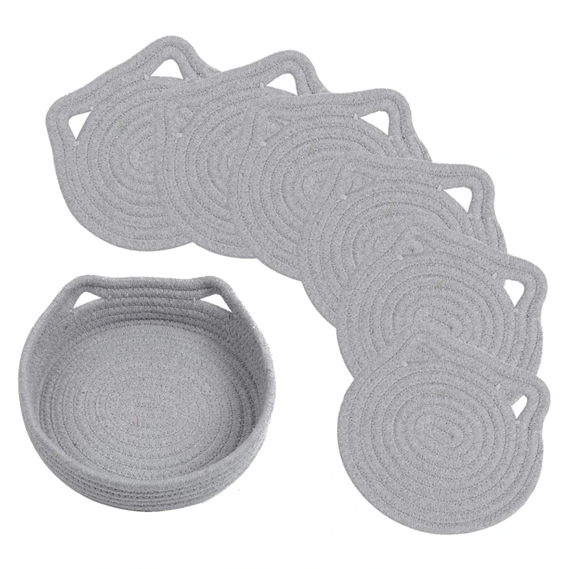 Set Of 7 Pot Holder 7Inch Round Cotton Coasters Cat Shape Placemats With Storage Basket,For Kitchen Cooking (Gray) 
Set Of 7 Pot Holder 7Inch Round Cotton Coasters Cat Shape Placemats With Storage Basket,For Kitchen Cooking (Gray)