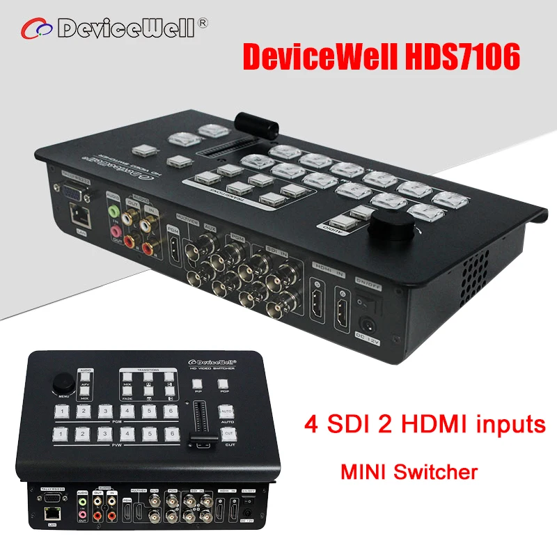 DeviceWell HDS7106 мини-переключатель с 4 SDI 2 HDMI совместимых с 6-канальный видеомикшер HD для ТВ Multiview в прямом эфире
DeviceWell HDS7106 мини-переключатель с 4 SDI 2 HDMI совместимых с 6-канальный видеомикшер HD для ТВ Multiview в прямом эфире
