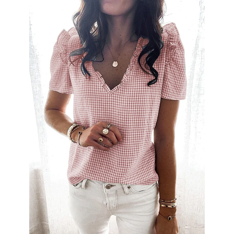 Ruffle Summer Women V-Neck Blouse Shirt Harajuku 2021 Grid Short Puff Sleeve Korean Style Base Female Top
Ruffle Summer Women V-Neck Blouse Shirt Harajuku 2021 Grid Short Puff Sleeve Korean Style Base Female Top
