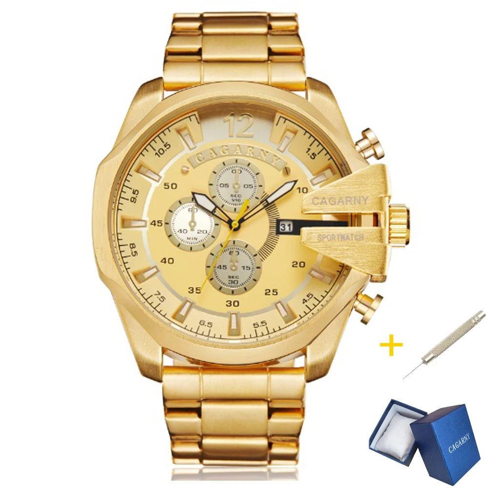 

Cagarny Men's Watches Big Dial Men Quartz Wrist Watch Gold Stainless Steel Fashion Male Clock Auto Date Man Sport Wristwatch New