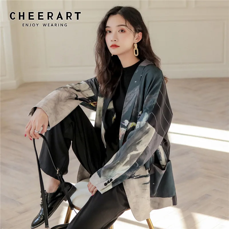 Дизайнерский Женский блейзер CHEERART с рисунком в стиле пэчворк свободный осенний
