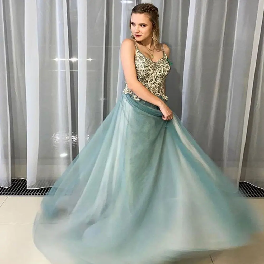 A-line Net/Tulle Applique Floor length Spaghetti strap V-Neck Sweep/Brush Banbage Sleeveless Open back Evening Dresses
A-line Net/Tulle Applique Floor length Spaghetti strap V-Neck Sweep/Brush Banbage Sleeveless Open back Evening Dresses