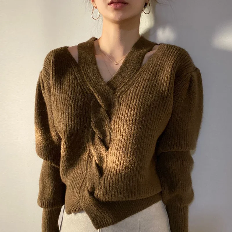 

Женский вязаный свитер с длинными рукавами, Свободный пуловер в Корейском стиле с открытыми плечами и перекрестными завязками на шее