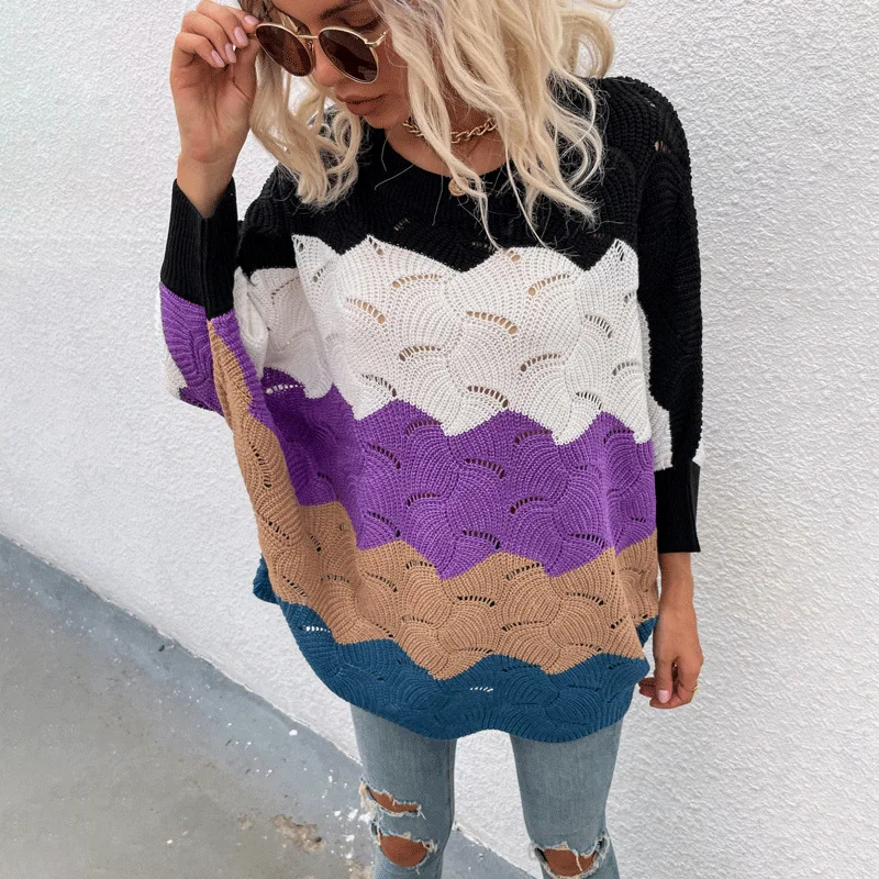 Fashion Women Sweater Casual HotSale Round Neck Pullover Stitching Contrast Color Hollow Loose Knit Bat Sleeve Sweater Donsignet
Fashion Women Sweater Casual HotSale Round Neck Pullover Stitching Contrast Color Hollow Loose Knit Bat Sleeve Sweater Donsignet