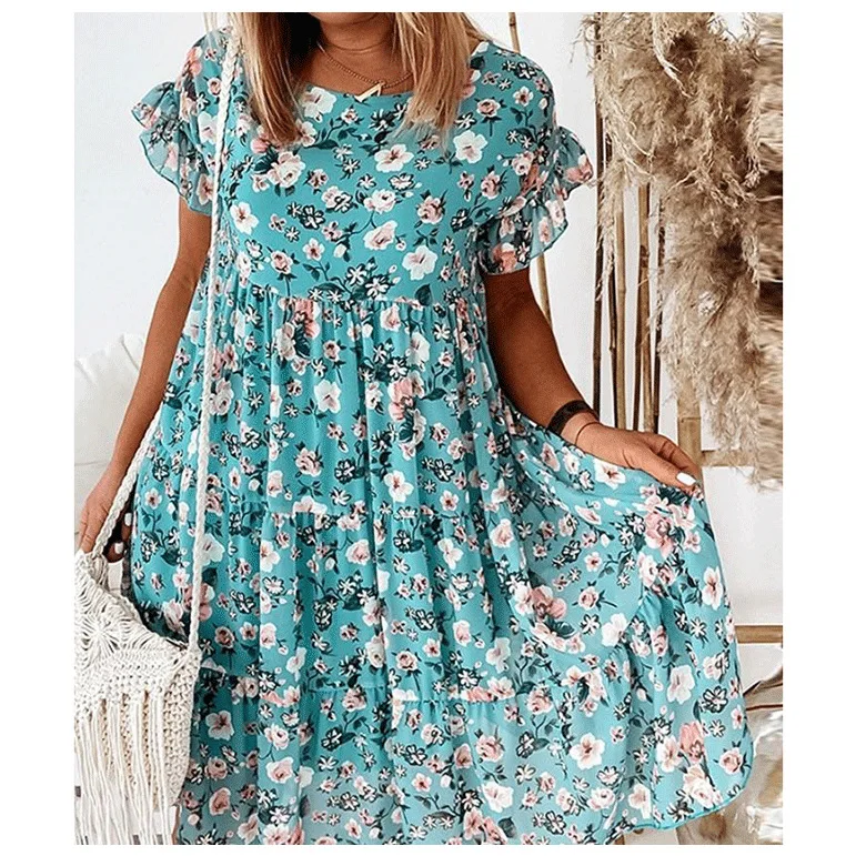 

Loose 2021hot Dress round Women's Sleeve Short Printed Neck HAOOHU Summer Elegant Dress