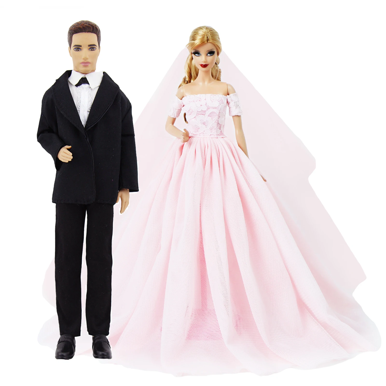 2 Set Outfits Pink Lace Wedding Dress + Men Suit Tuxedo Party Ball Gown Princess Accessories Clothes for Barbie Ken Doll Toy | Игрушки и