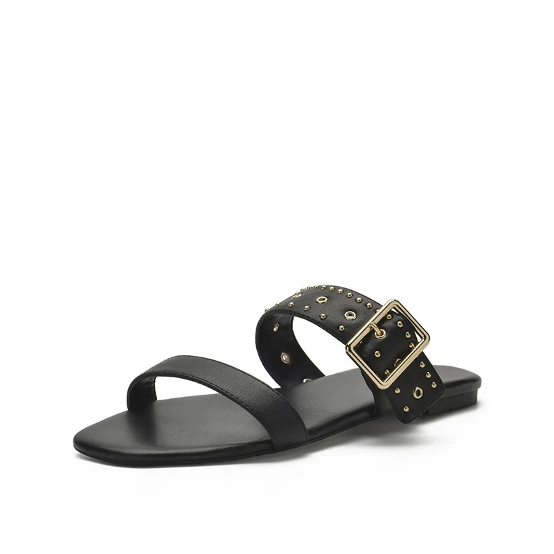 Flat Shoes Female Flock Low Woman's Slippers Rivet Slides Fashion Beige Heeled Sandals 2020 Soft Luxury Black Rubber Basic Casua 
Flat Shoes Female Flock Low Woman's Slippers Rivet Slides Fashion Beige Heeled Sandals 2020 Soft Luxury Black Rubber Basic Casua