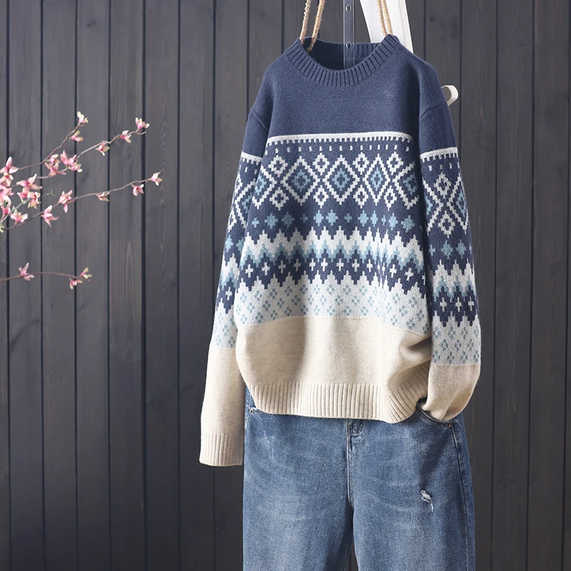 for new autumn and winter new products with national style jacquard round neck Pullover long sleeve sweater for women's
for new autumn and winter new products with national style jacquard round neck Pullover long sleeve sweater for women's