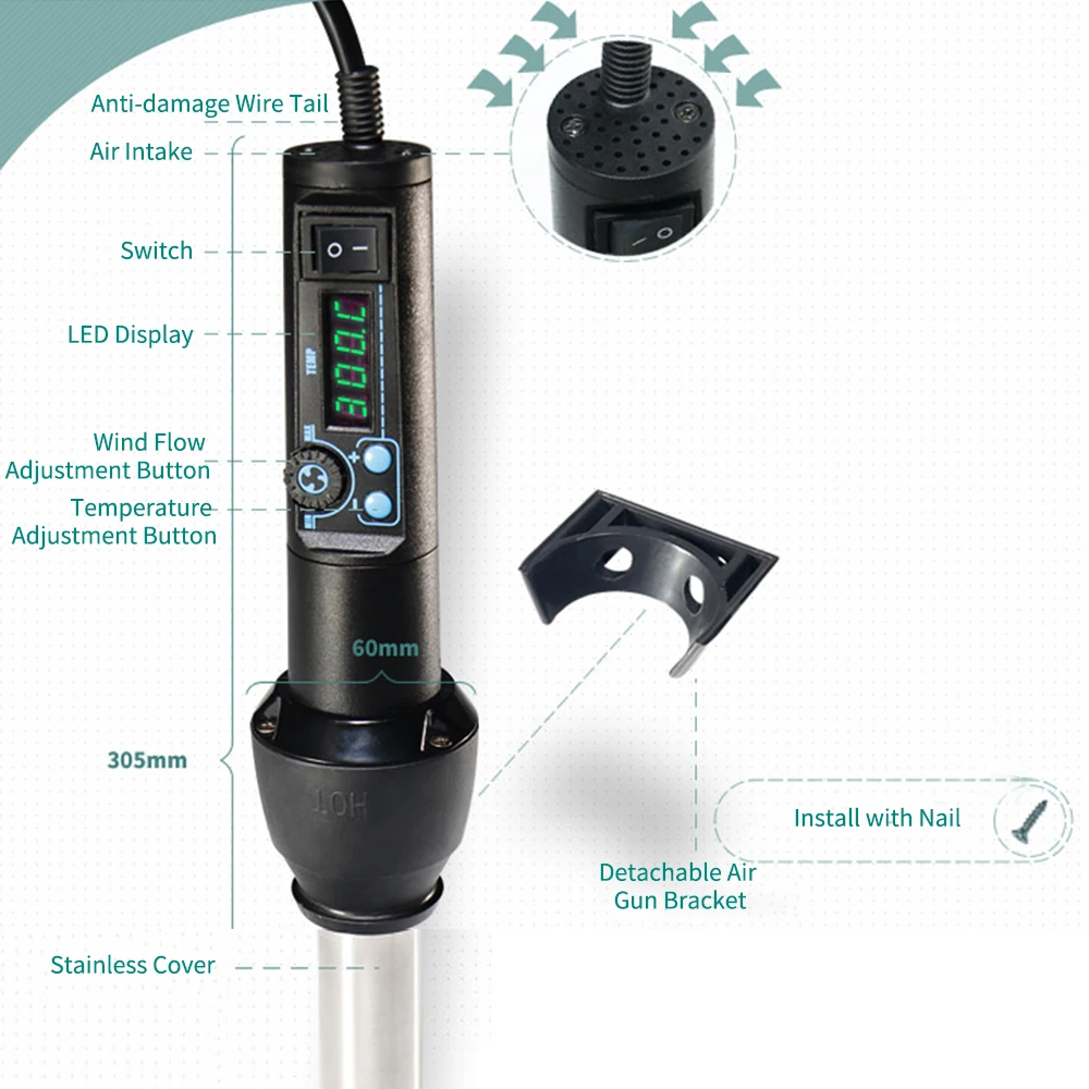 Portable Hot Air Gun with 8 Nozzles Ceramic Heating Core LED Digital Display Air Flow Temperature Adjustable EU Plug 220V 650W
Portable Hot Air Gun with 8 Nozzles Ceramic Heating Core LED Digital Display Air Flow Temperature Adjustable EU Plug 220V 650W