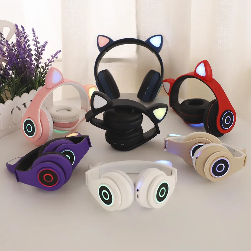 

Беспроводные Игровые наушники «кошачьи уши» со светодиодсветодиодный RGB подсветильник кой, Складная Bluetooth-гарнитура с микрофоном и шумопод...