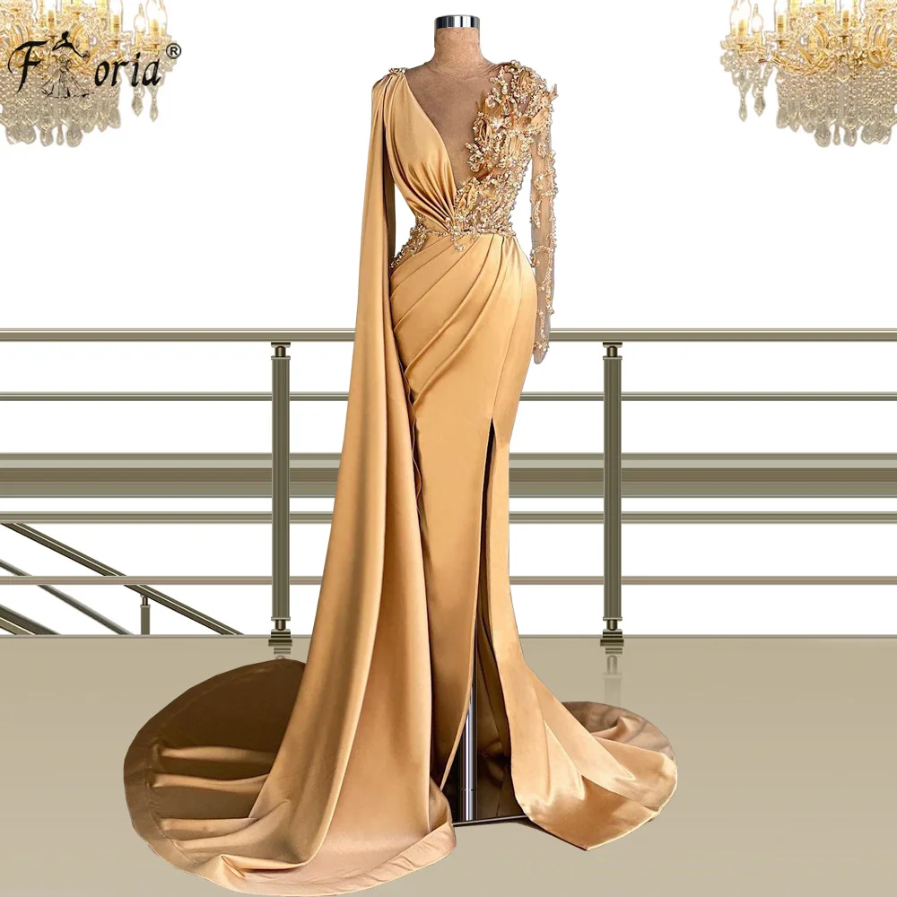 Beaded Evening Dress Sexy V Neck Mermaid Sweep Train Long Sleeves Gold African Formal Party Prom Gowns Vestidos De Festa
Beaded Evening Dress Sexy V Neck Mermaid Sweep Train Long Sleeves Gold African Formal Party Prom Gowns Vestidos De Festa