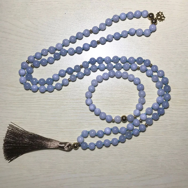 

8mm Aquamarine Beaded Knotted Necklace 108Japamala Meditation Yoga Healing Blessing Jewelry Set with Golden Lotus Tassel Pendant