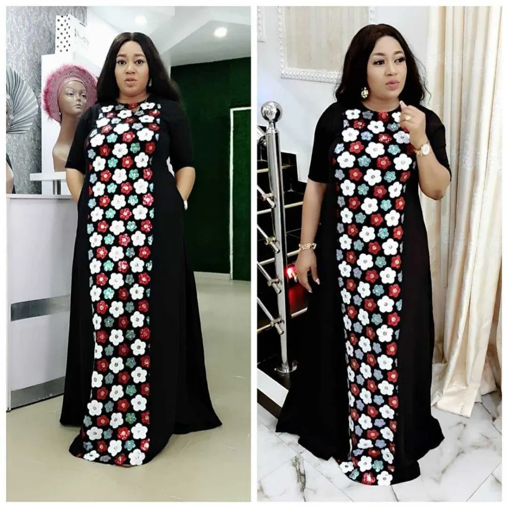 

African Dress Loose Fat Women's Robe Clothing Spring Summer Fashion Embroidered Bead Splicing Pocket Dashiki Large Size Dress