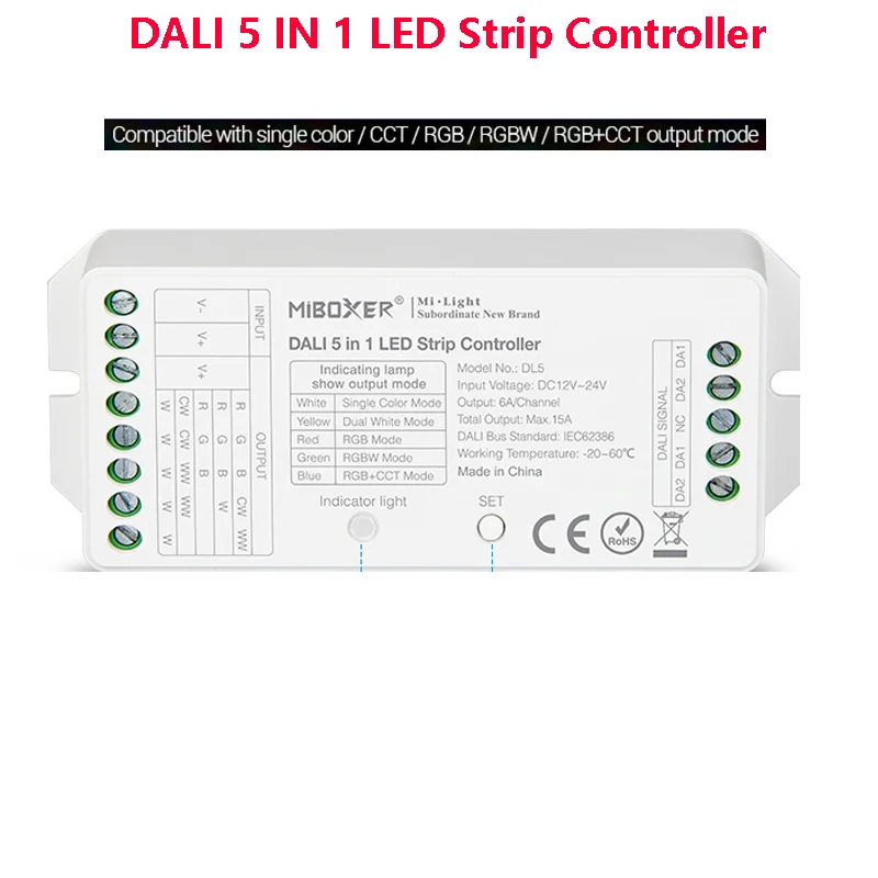 MiBOXER DALI 5 IN 1 LED Strip Controller DL5 Brightnes Dimmer For Single Color/CCT/RGB/RGBW/RGB+CCT Lamp Tape DC12V-24V -24V 15A
MiBOXER DALI 5 IN 1 LED Strip Controller DL5 Brightnes Dimmer For Single Color/CCT/RGB/RGBW/RGB+CCT Lamp Tape DC12V-24V -24V 15A