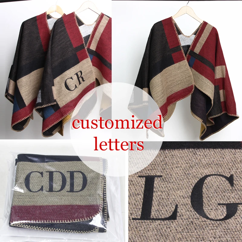 

new Brand Women Poncho Monogramed Blanket Poncho Cashmere Wool Personalized initials Scarf plaid poncho cape winter poncho