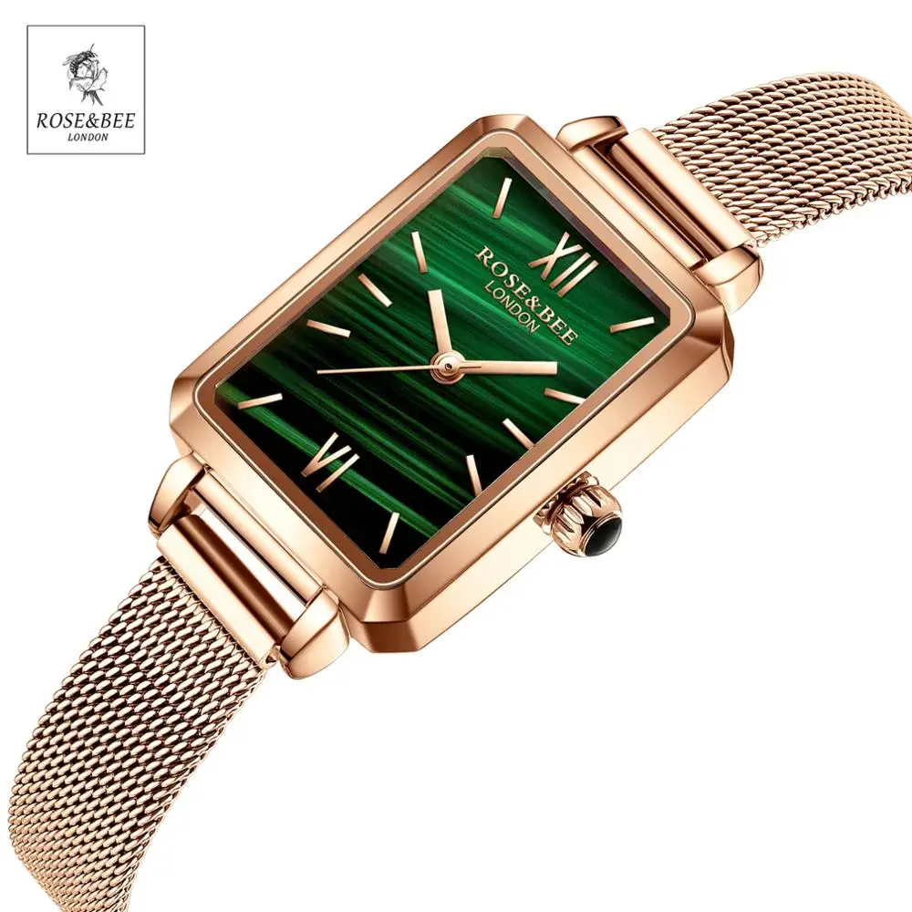 

Green Malachite Japan Quartz Movement Roma Vintage Ladies Wristwatches Dropshipping Women Stainless Steel Mesh Rose Gold Watches