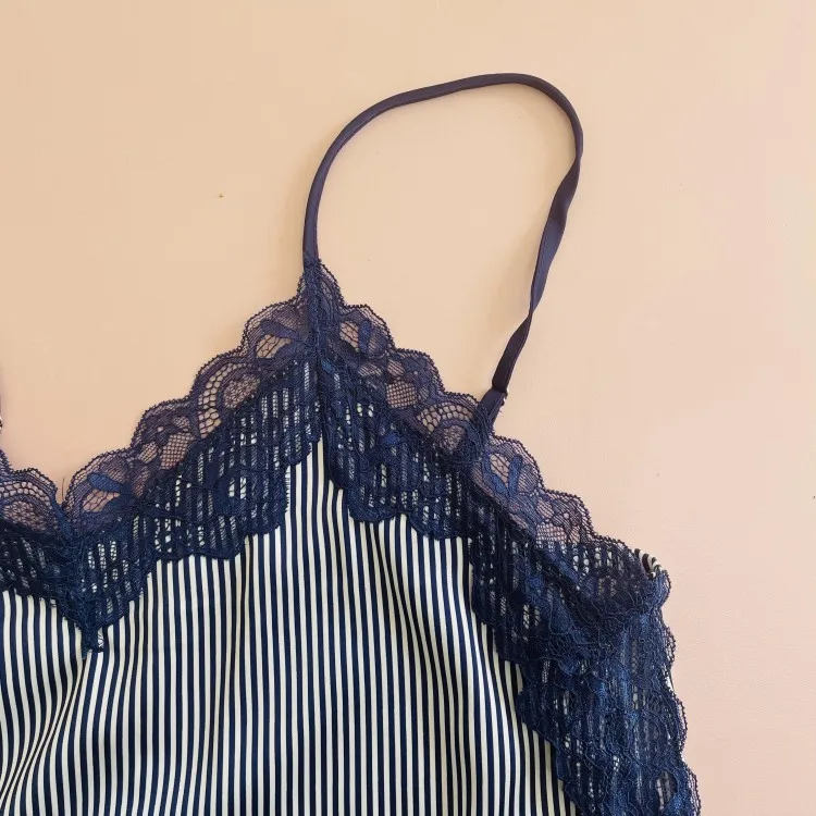 Print Striped 3PCS Pajamas Suit Female Nightwear Summer New Sleepwear Intimate Lingerie Navy Blue Sexy Lace Trim Home Clothing
Print Striped 3PCS Pajamas Suit Female Nightwear Summer New Sleepwear Intimate Lingerie Navy Blue Sexy Lace Trim Home Clothing