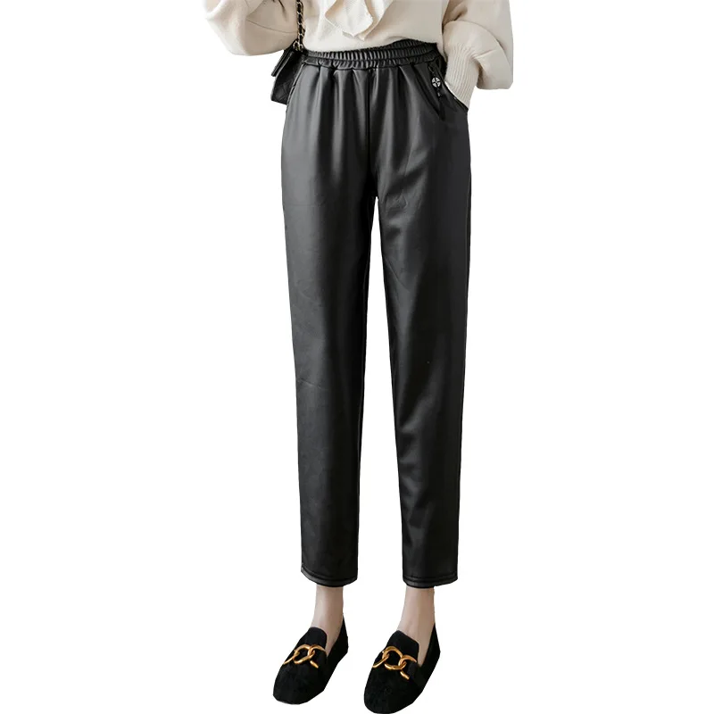 Women's Leather Harem Pants Black Elastic High Waist Ankle-Length PU Trousers Fleeces Inside Spring Winter Pants Female P9548
Women's Leather Harem Pants Black Elastic High Waist Ankle-Length PU Trousers Fleeces Inside Spring Winter Pants Female P9548