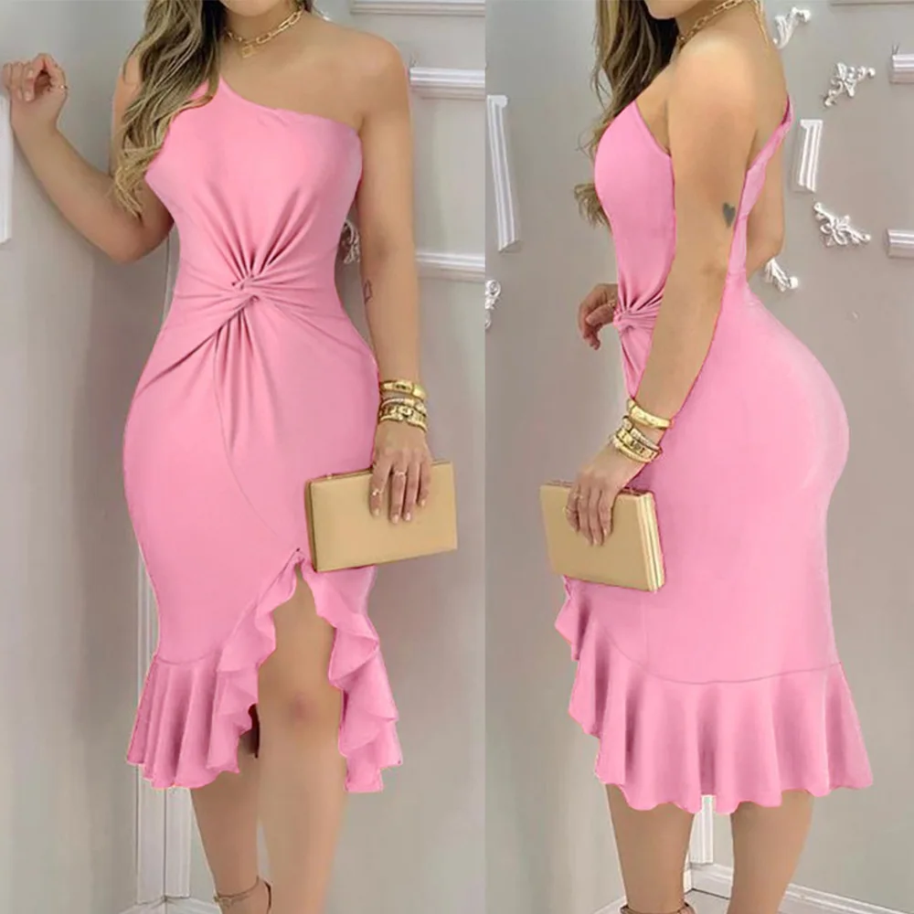 

Summer dress sexy one-shoulder tube top twisted ruffled tight dress