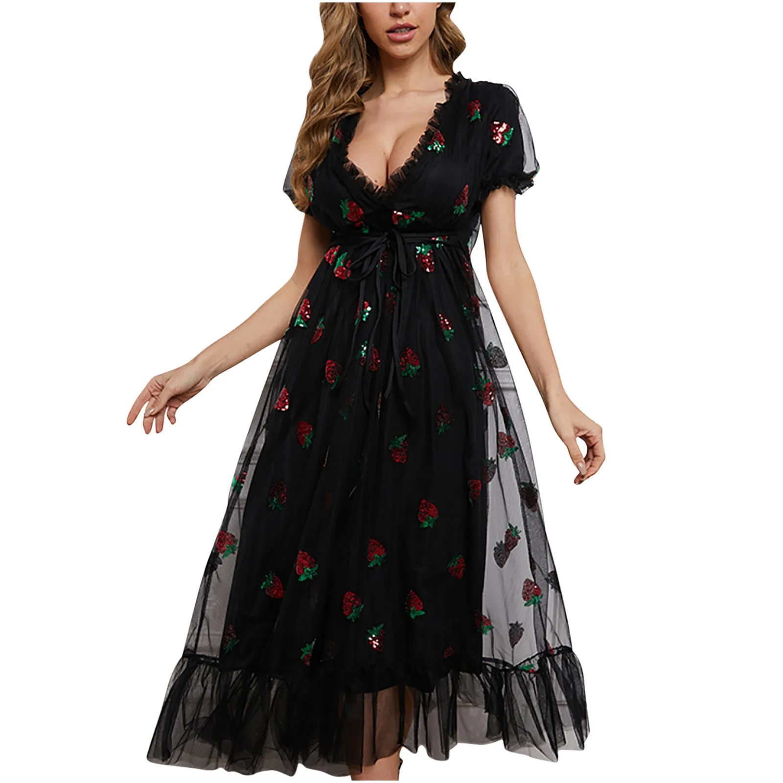 Sexy V-Neck Strawberry Short Sleeve Party Mid-Length Dress Net Yarn Summer dress drop ship
Sexy V-Neck Strawberry Short Sleeve Party Mid-Length Dress Net Yarn Summer dress drop ship