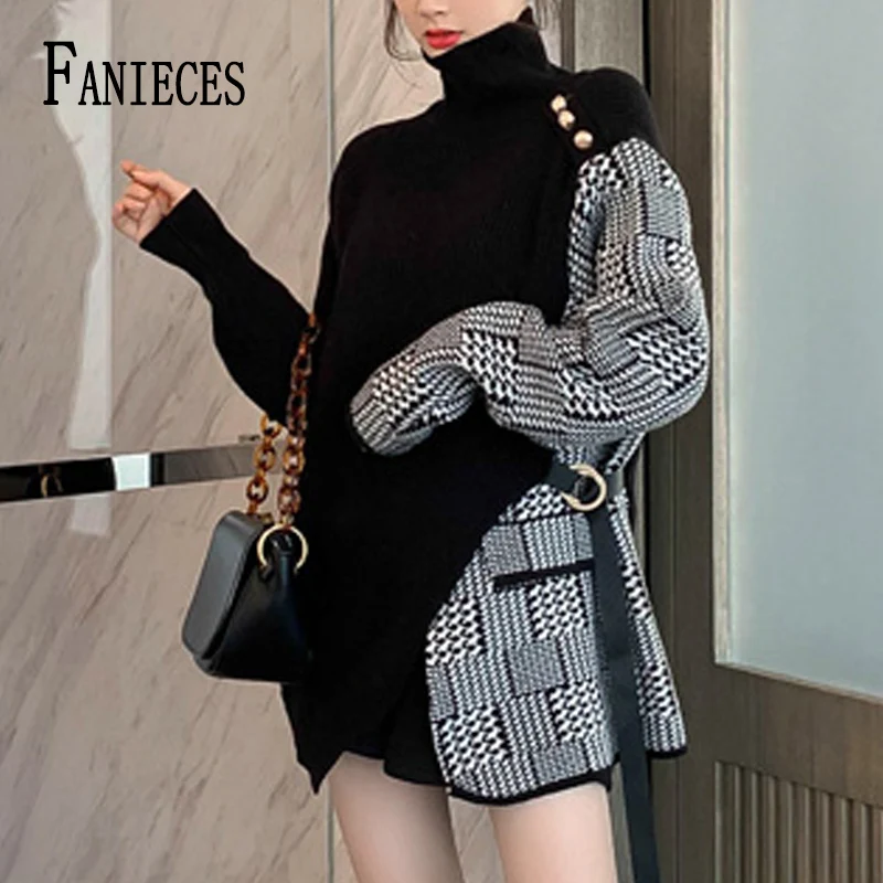 FANIECES Vintage Houndstooth Print Patchwork Long Pullover Sweater Women Autumn Loose Knitted Sweaters With Gold Button Jumper
FANIECES Vintage Houndstooth Print Patchwork Long Pullover Sweater Women Autumn Loose Knitted Sweaters With Gold Button Jumper