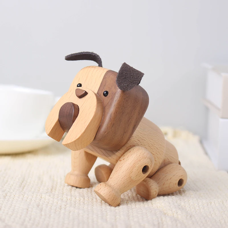 

Nordic Wooden Dog Handmade Figures Walnut Lovely Puppy Toys With Movable Joint Home Decoration Desktop Ornament ديكور