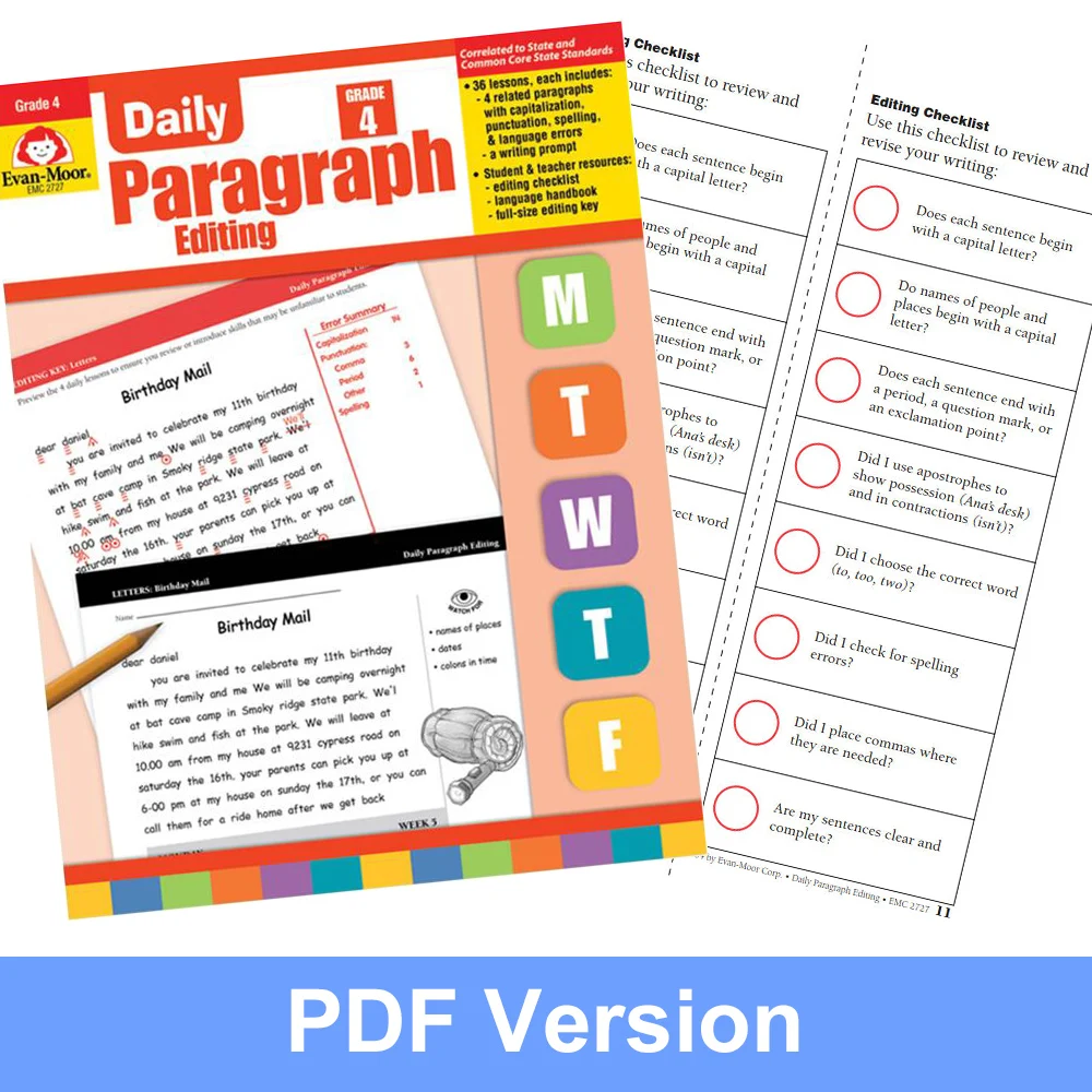 Evan Moor Daily Paragraph Editing Grades 4 learning in English writing Skills training workbook E-books PDF Electronic File
Evan Moor Daily Paragraph Editing Grades 4 learning in English writing Skills training workbook E-books PDF Electronic File