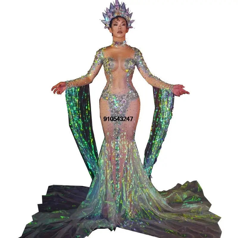 Rhinestone Sequins Party Mermaid Long Dress Women Stretch Nude Crystal Tassel Evening Singer Stage Wear
Rhinestone Sequins Party Mermaid Long Dress Women Stretch Nude Crystal Tassel Evening Singer Stage Wear