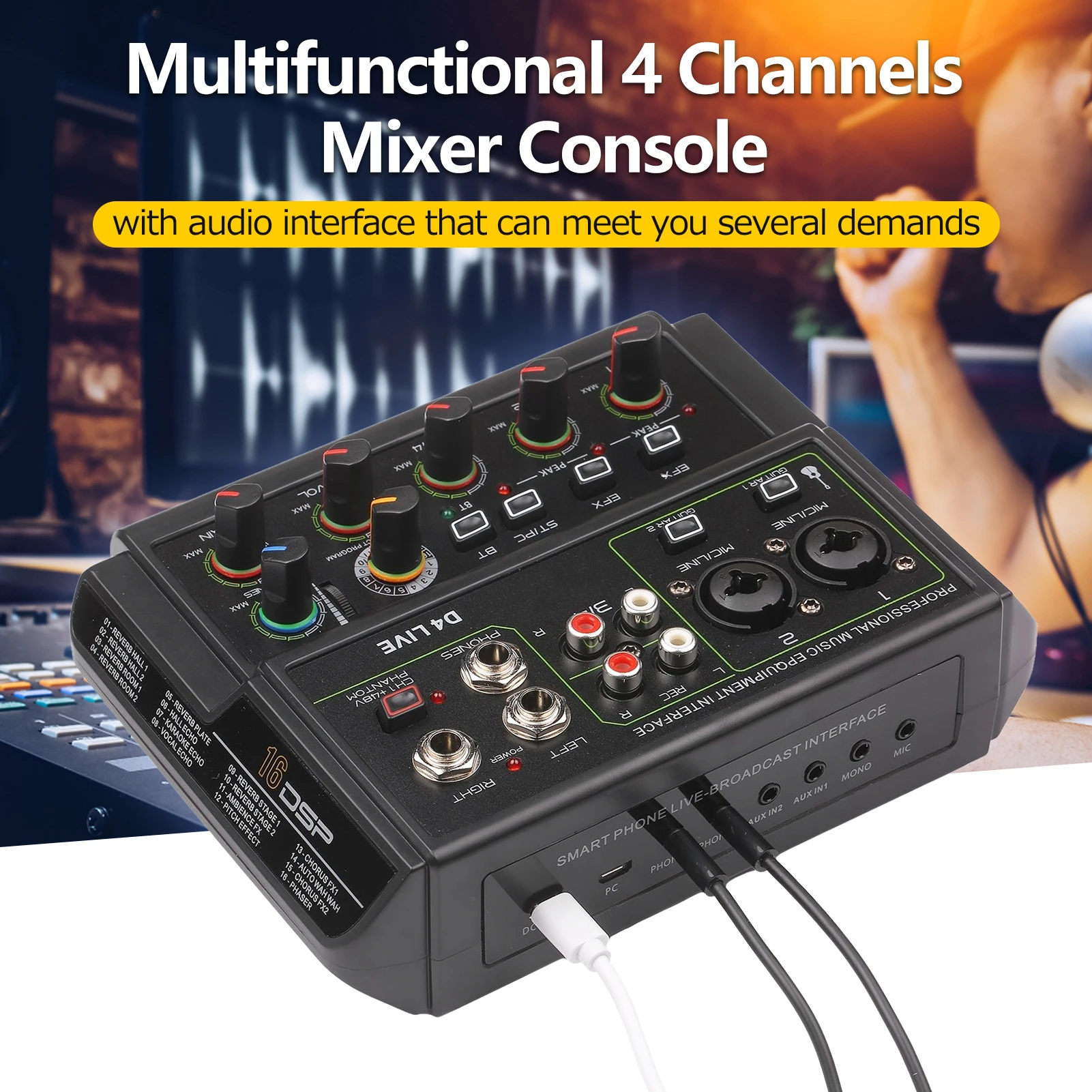 4-Channel Musical Portable Mini Audio Mixer Live Multi-function Mixing Console USB Device Power Conference Recording Karaoke
4-Channel Musical Portable Mini Audio Mixer Live Multi-function Mixing Console USB Device Power Conference Recording Karaoke