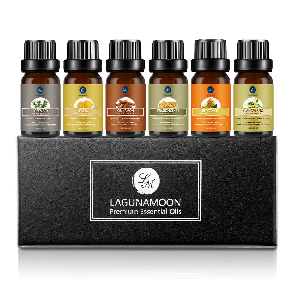 

Чистые эфирные масла Lagunamoon, 10 мл, 6 шт., подарочный набор, увлажнитель, ароматерапия, розмарин, лимон, корица, Frankincense, бергамот иланг