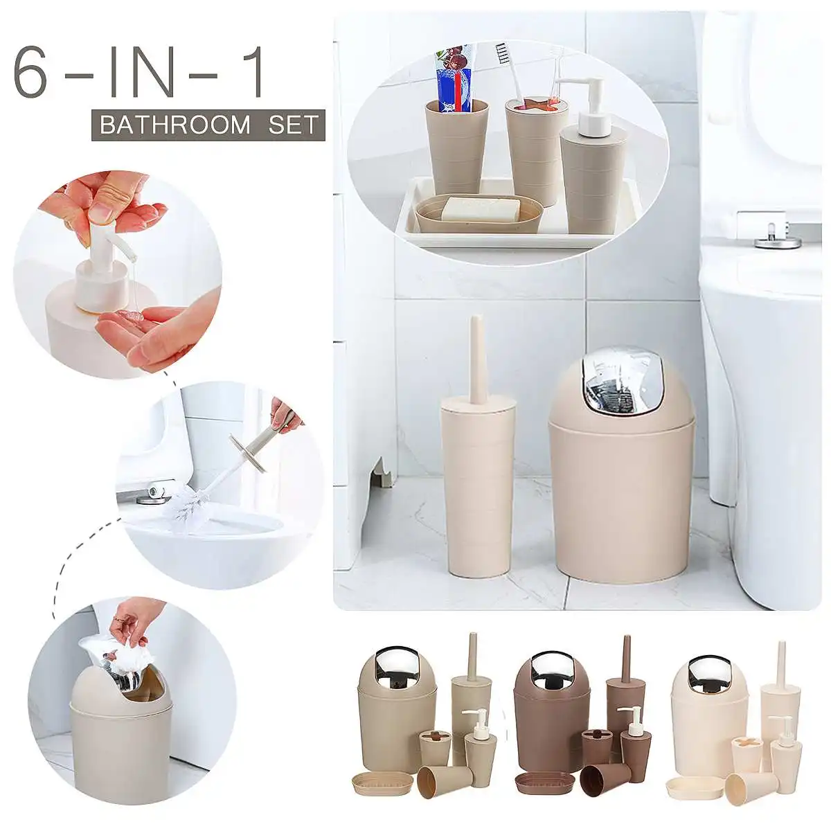 6 in 1 Bathroom Accessory Sets Toothbrush Holder Soap Dish Toilet Brush Trash Can Mouthwash Cup Hand Sanitizer Bottlt
6 in 1 Bathroom Accessory Sets Toothbrush Holder Soap Dish Toilet Brush Trash Can Mouthwash Cup Hand Sanitizer Bottlt