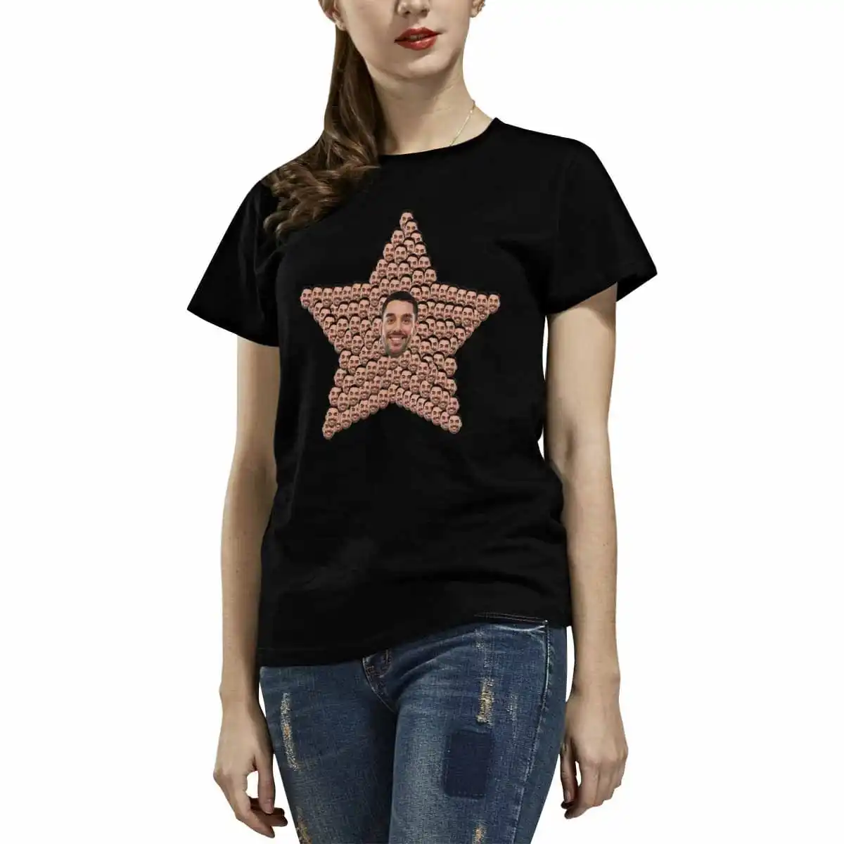 Custom Photo Boyfriend Face Black Pentagram Basic Black T-shirt Women's Print Unique Gift Casual Personalized Female Tops Tee
Custom Photo Boyfriend Face Black Pentagram Basic Black T-shirt Women's Print Unique Gift Casual Personalized Female Tops Tee