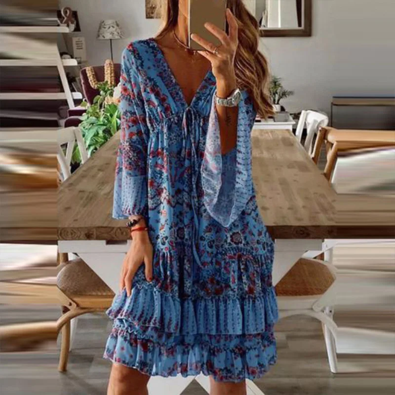 2021 New Bohemian Women V-Neck Ruffles Party Dress Spring Autumn Wrist Sleeve Printed Ladies Dress Sweet Streetwear Dropshipping
2021 New Bohemian Women V-Neck Ruffles Party Dress Spring Autumn Wrist Sleeve Printed Ladies Dress Sweet Streetwear Dropshipping
