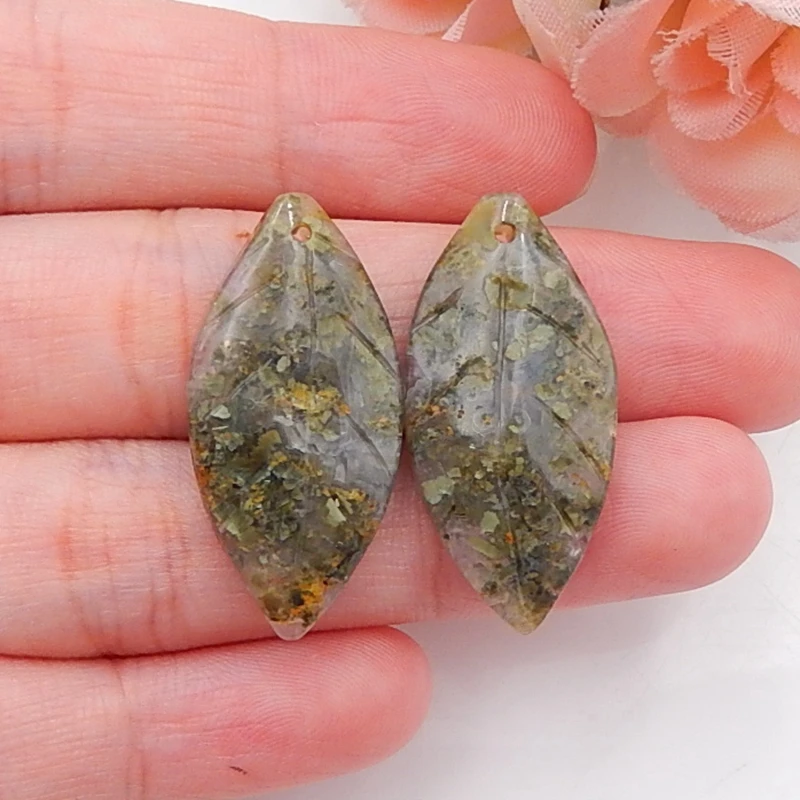 

Fashion Semi-precious stones, Jewelry accessories Carved Leaves ocean jasper woman Earring pair,29x14x5mm，4.8g