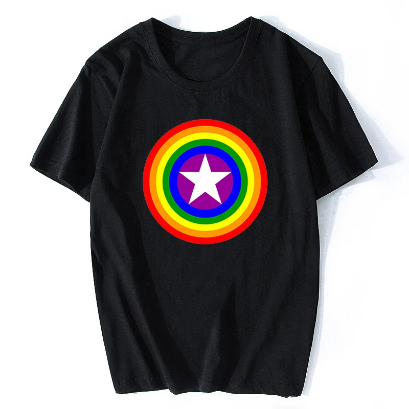 Pride Shields с изображением ЛГБТ радуги Футболка мужская Эстетическая хлопок Капитан