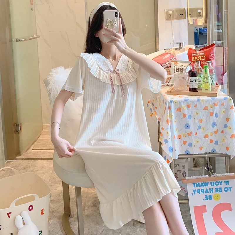 2021 Summer Sweet Princess Short Sleeve Cotton Nightgowns for Women Long Dress Sleepwear Night Gown Nightdress Home Dress Nighty
2021 Summer Sweet Princess Short Sleeve Cotton Nightgowns for Women Long Dress Sleepwear Night Gown Nightdress Home Dress Nighty