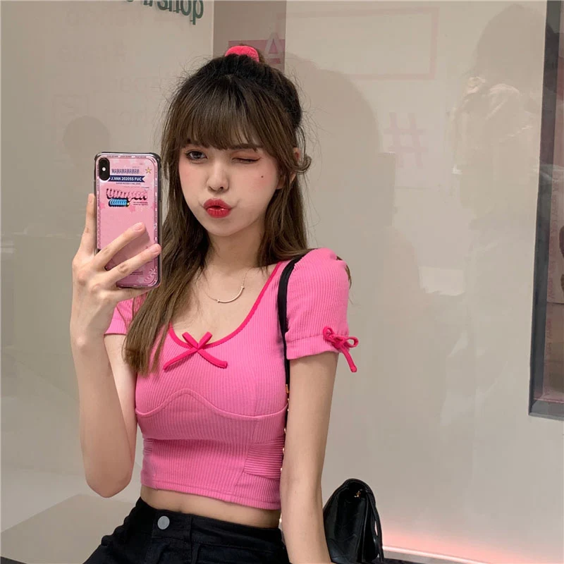 2020 new slim short Korean version of the bow pink t-shirt women's summer slimming short sleeves tops TX209 
2020 new slim short Korean version of the bow pink t-shirt women's summer slimming short sleeves tops TX209