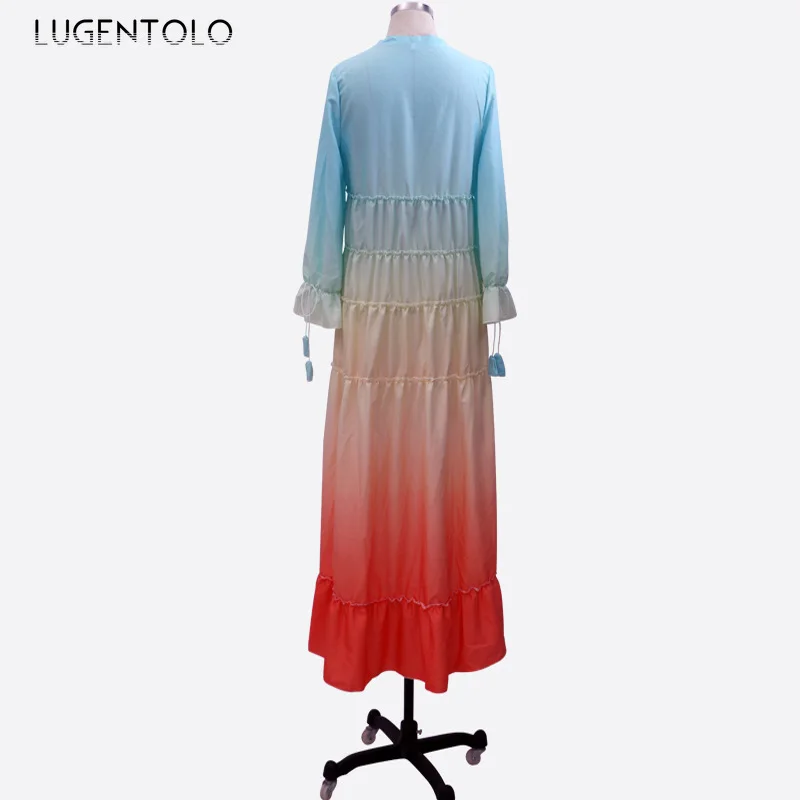 Lugentolo Women Dress Summer Gradient Print V-neck with Long Sleeves Ruffles Irregular Large Swing Type Womens Dresses
Lugentolo Women Dress Summer Gradient Print V-neck with Long Sleeves Ruffles Irregular Large Swing Type Womens Dresses