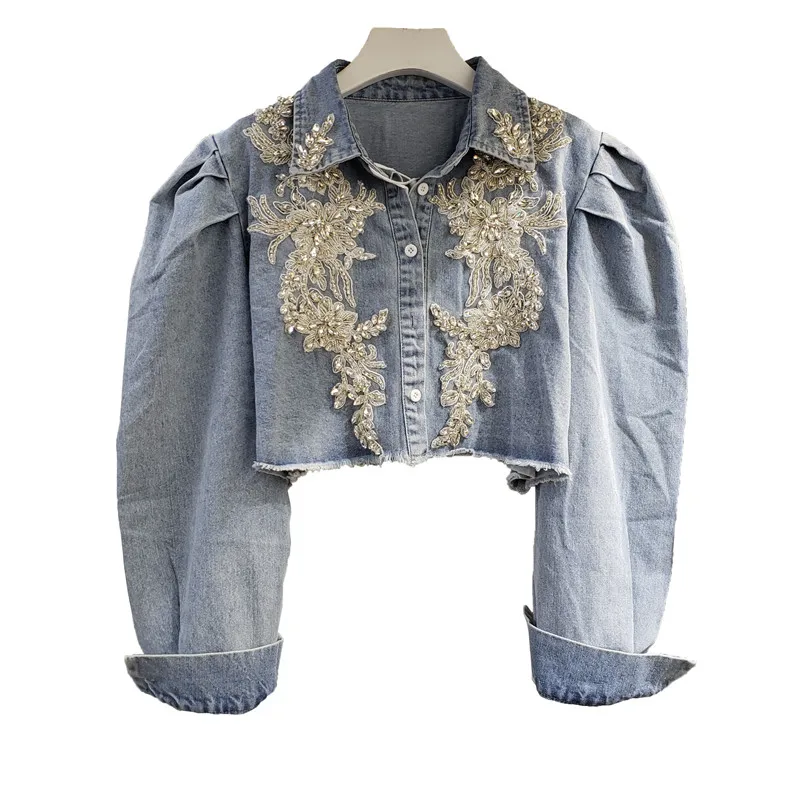 

Village Denim Jacket Women 2021 Autumn New Handmade Lace Diamond Frayed Hem Short Jean Coat Bubble Long Sleeve Casaco Feminino