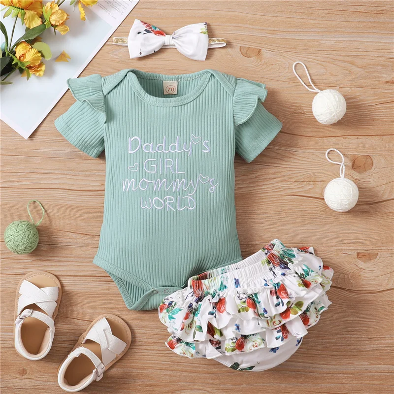 3Pcs Baby Summer Outfits Letters Short Sleeves Romper Floral Ruffled Shorts Hairband for Toddler Girls 0-24 Months
3Pcs Baby Summer Outfits Letters Short Sleeves Romper Floral Ruffled Shorts Hairband for Toddler Girls 0-24 Months