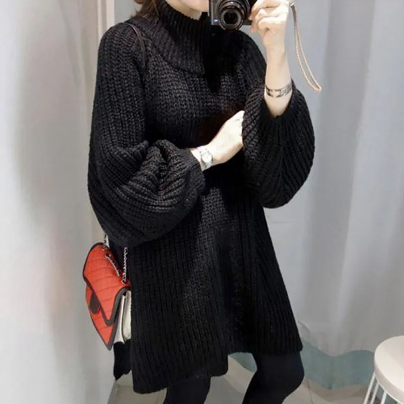 Женский длинный вязаный свитер с высоким воротником прочный фонарь боковыми