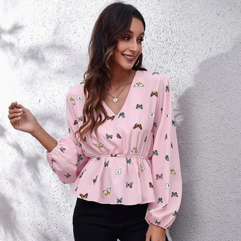 WOHUADI Spring Autumn Long Sleeve V-neck Blouse Office Lady Chiffon Pink Butterfly Print Women's Clothing Shirt Elegant Fashion
WOHUADI Spring Autumn Long Sleeve V-neck Blouse Office Lady Chiffon Pink Butterfly Print Women's Clothing Shirt Elegant Fashion