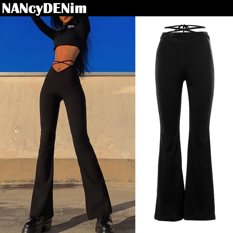 Women Fashion y2k Aesthetics Flare Pants High Waist V-Shape Lace Up Skinny Long Trousers Female Party Club Hot Streetwear 
Women Fashion y2k Aesthetics Flare Pants High Waist V-Shape Lace Up Skinny Long Trousers Female Party Club Hot Streetwear