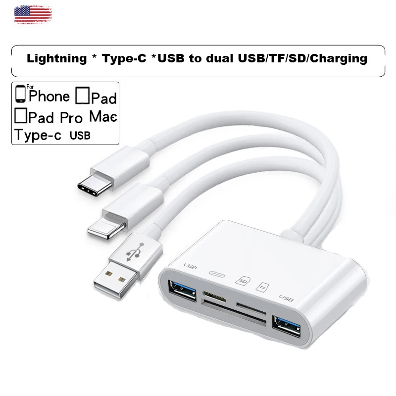 6 in 1 USB Type-C OTG Adapter Lightning to USB Camera micro SD TF Card Reader kit For Iphone Ipad,No need software-installation
6 in 1 USB Type-C OTG Adapter Lightning to USB Camera micro SD TF Card Reader kit For Iphone Ipad,No need software-installation