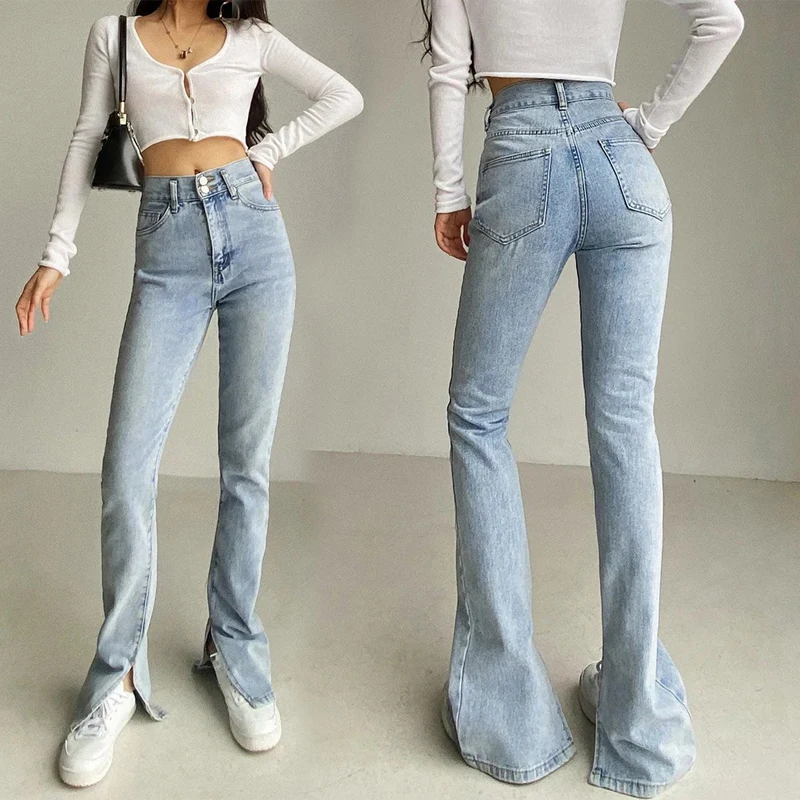 

YICIYA woman high back coat Streetwear open blue Denim pants Vintage split flare pant, jean femme ,woman pants,trousers,met