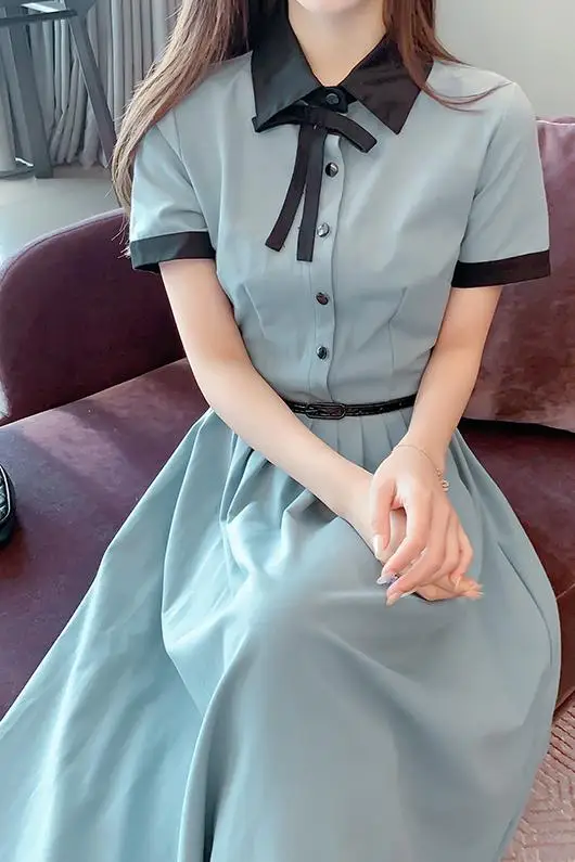 Women Korean Dress Fashion One Piece Summer 2021 Preppy Style Short Sleeve Loose Solid Bow High Waist Stand Neck Apricot Dresses 
Women Korean Dress Fashion One Piece Summer 2021 Preppy Style Short Sleeve Loose Solid Bow High Waist Stand Neck Apricot Dresses