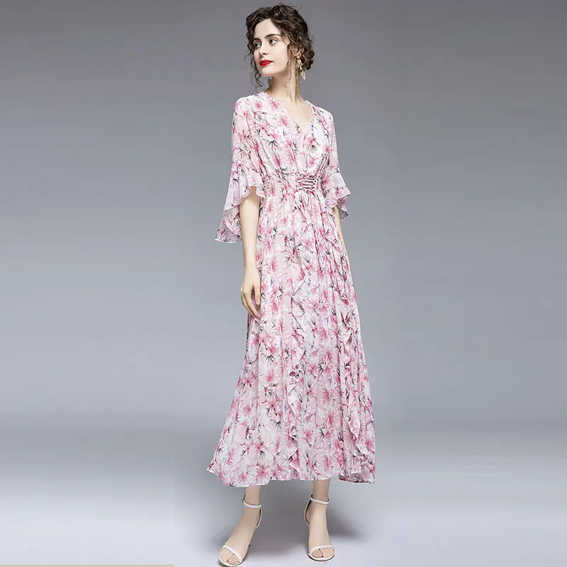 elganc girl fashion dress mid-length skirt V-neck ruffled fabric floral print for dresses waist pink floral print for dresses 
elganc girl fashion dress mid-length skirt V-neck ruffled fabric floral print for dresses waist pink floral print for dresses