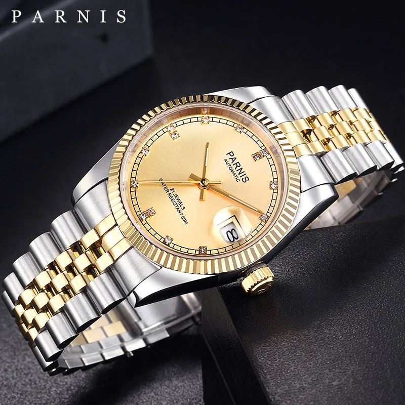 Casual Parnis 36mm Watch 2021 Luxury Brand Gold Automatic Men Women Elegant Diamond Stainless Bracelet Mechanical Watches PA2112
Casual Parnis 36mm Watch 2021 Luxury Brand Gold Automatic Men Women Elegant Diamond Stainless Bracelet Mechanical Watches PA2112