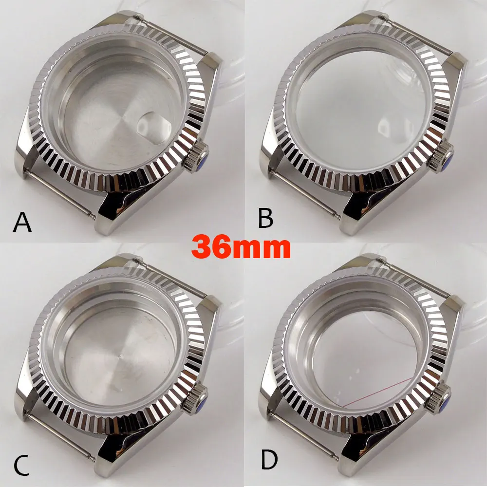 

BLIGER 36mm Steel Fluted Bezel Watch Case fit NH35A NH36A ETA 2836 MIYOTA 8215 821A Glass Back Sapphire Crystal Screw Crown